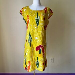 Super Belle Made in Italy Yellow Linen‎ Abstract Faces Print Dress Size Medium